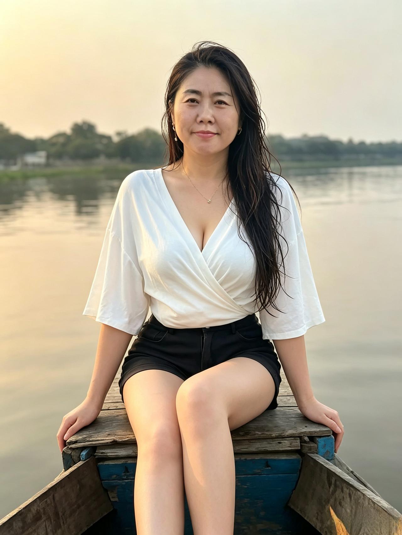 平湖浮晚色，临水坐轻舟。
衣袂随风软，嫣然醉清秋。