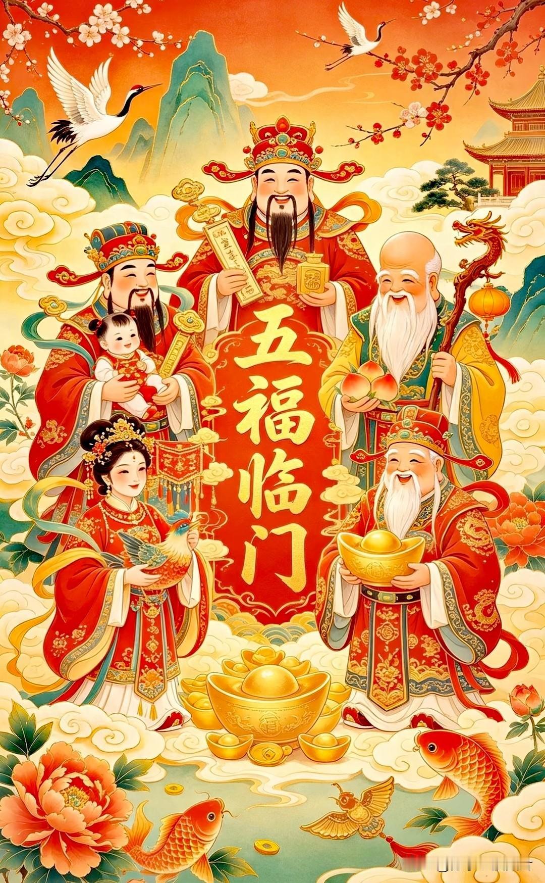 五福临门添吉庆，
千祥入户保安康。