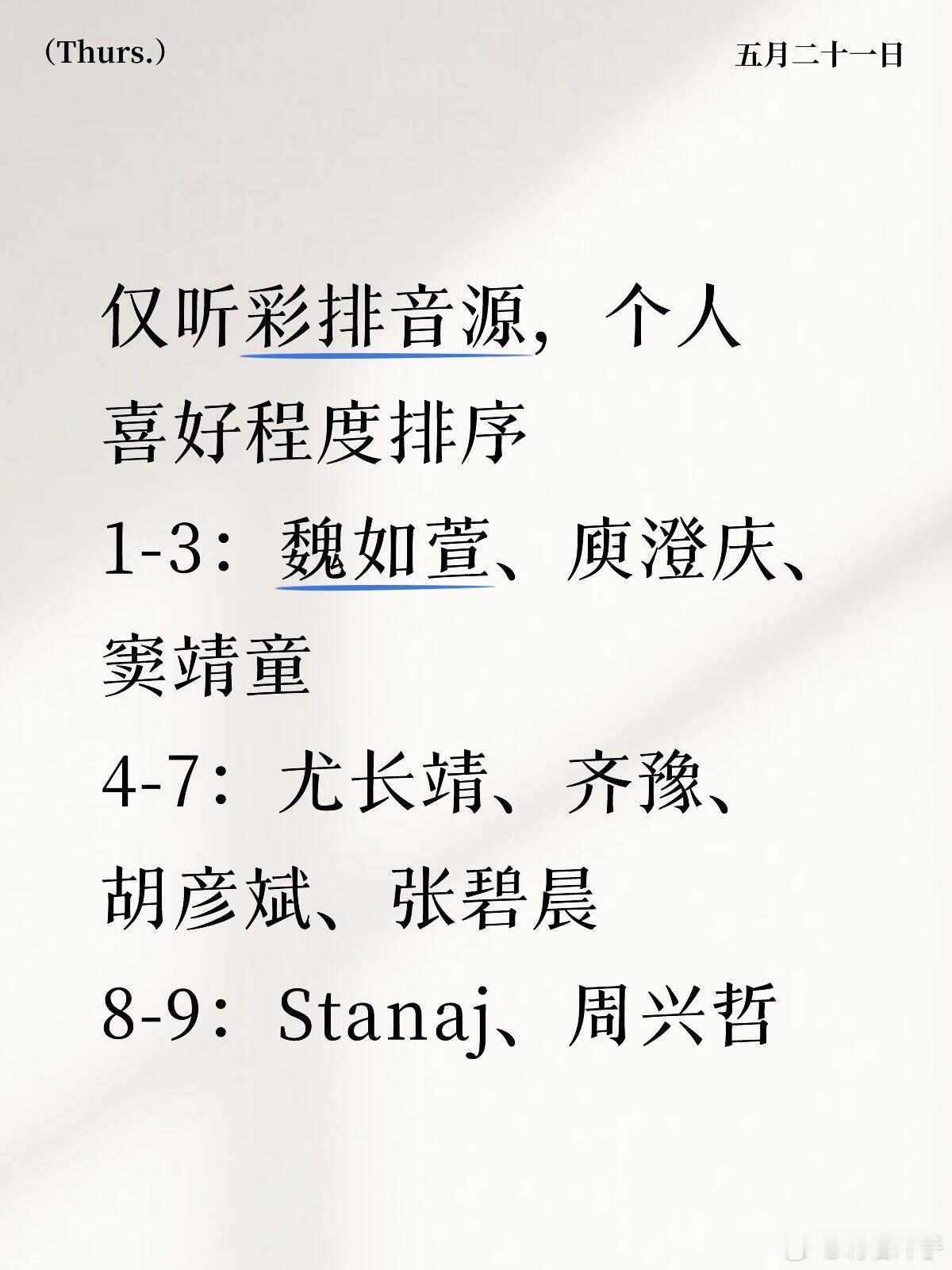 歌手2026第一期彩排音源试听分享仅听彩排音源，个人喜好程度排序1-3：魏如萱、