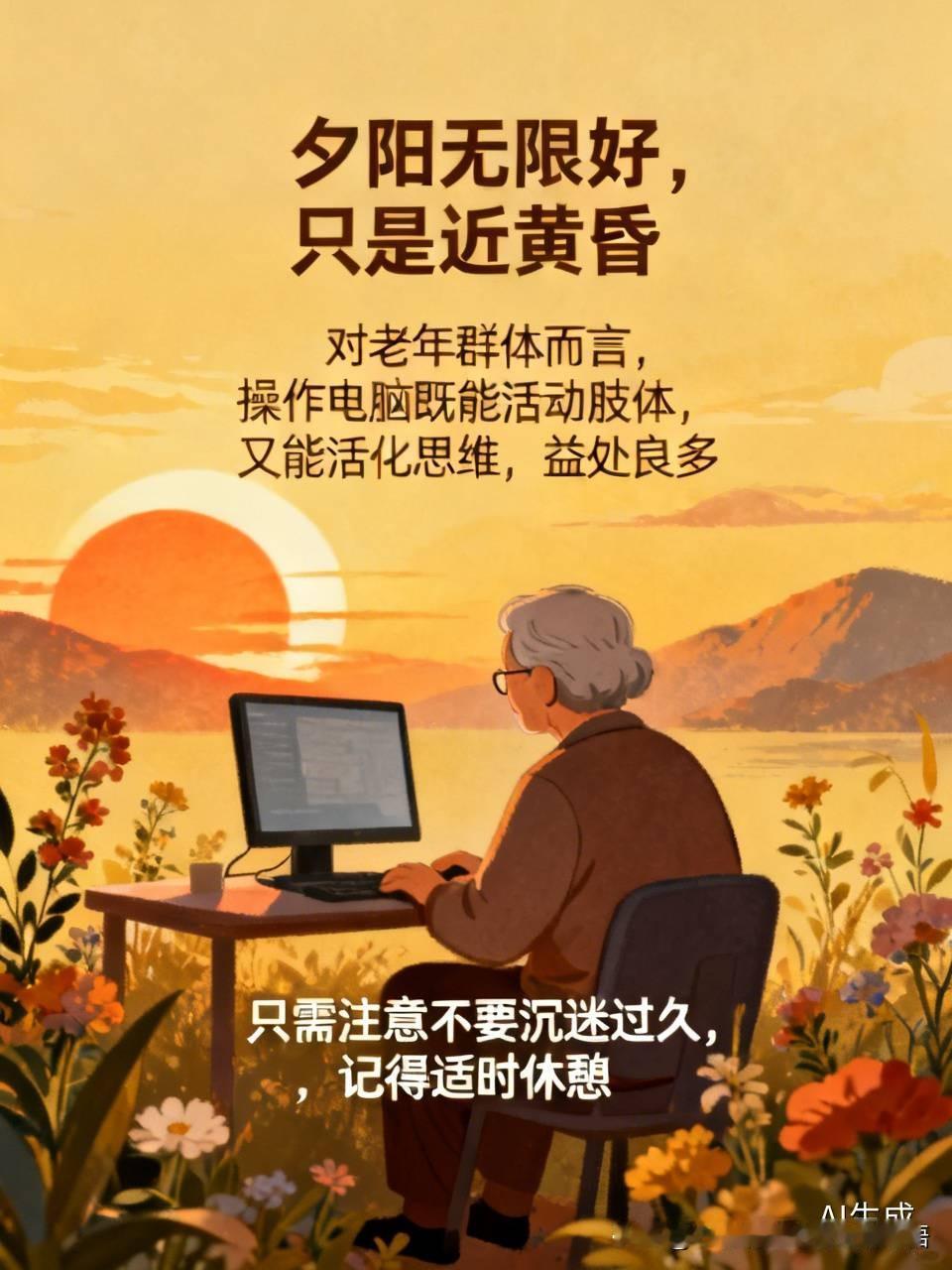 原文: 
夕阳无限好，只是近黄昏。[送自己一朵花]
对于老年人来说，玩电脑，即锻