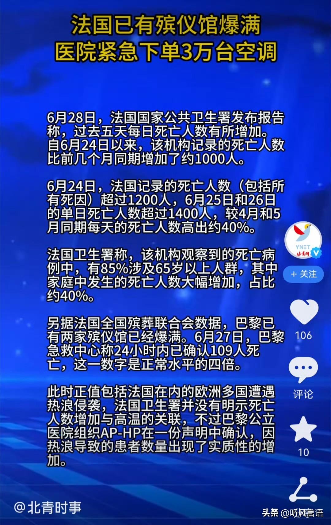 法国已有殡仪馆爆满，医院紧急下单3万台空调。6月份比4、5月份每天死亡人数高出4