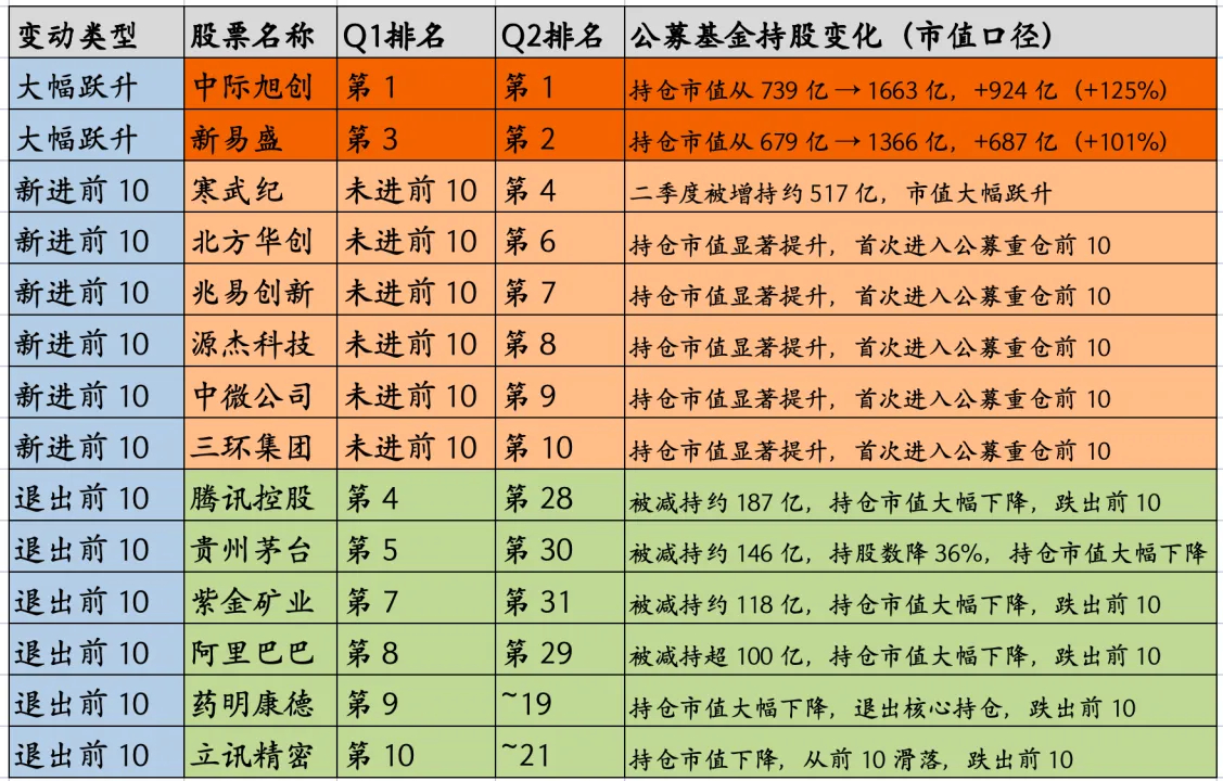 二季度公募基金全面拥抱了AI科技，公募基金的前十大持仓最近全部公布了，复盘后，发