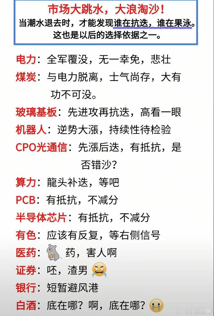 最近的市场大跳水，随着市场走弱，整个资金盘面显示出大浪淘沙，谁是强者，谁是被淘汰