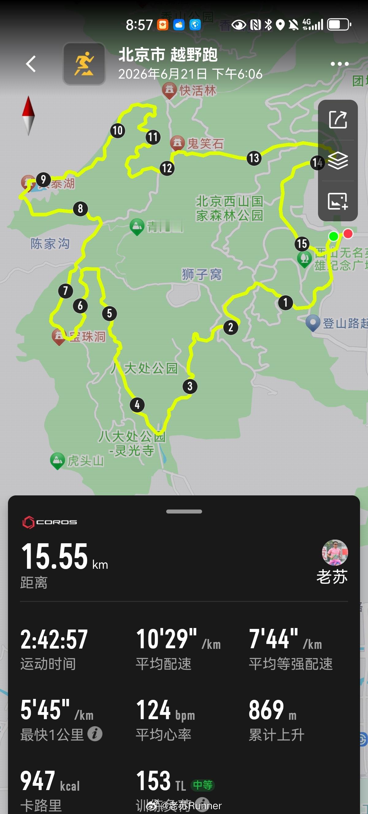 昨晚的西山夜跑 只有3人，所以简单轻快，不要等人，配速也快了点。15公里，800