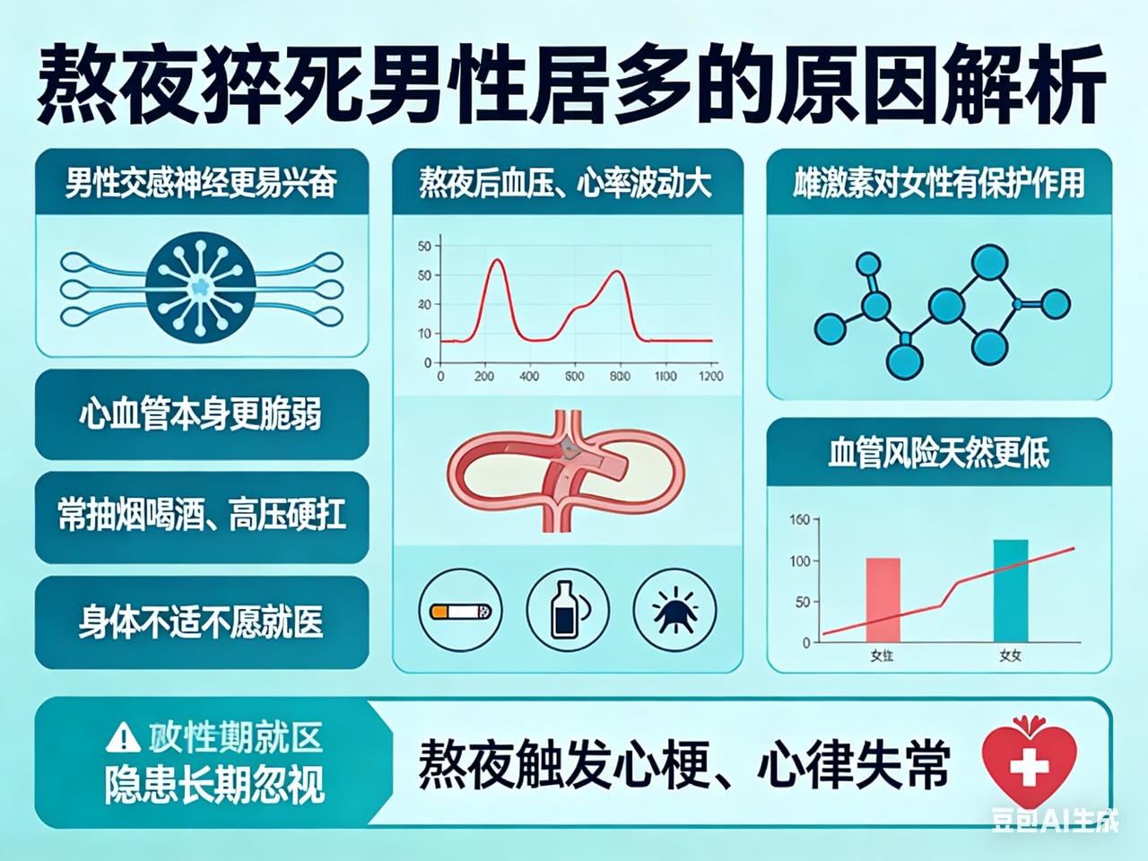 熬夜猝死男性居多，主要是这几点原因：
男性交感神经更易兴奋，熬夜后血压、心率波动