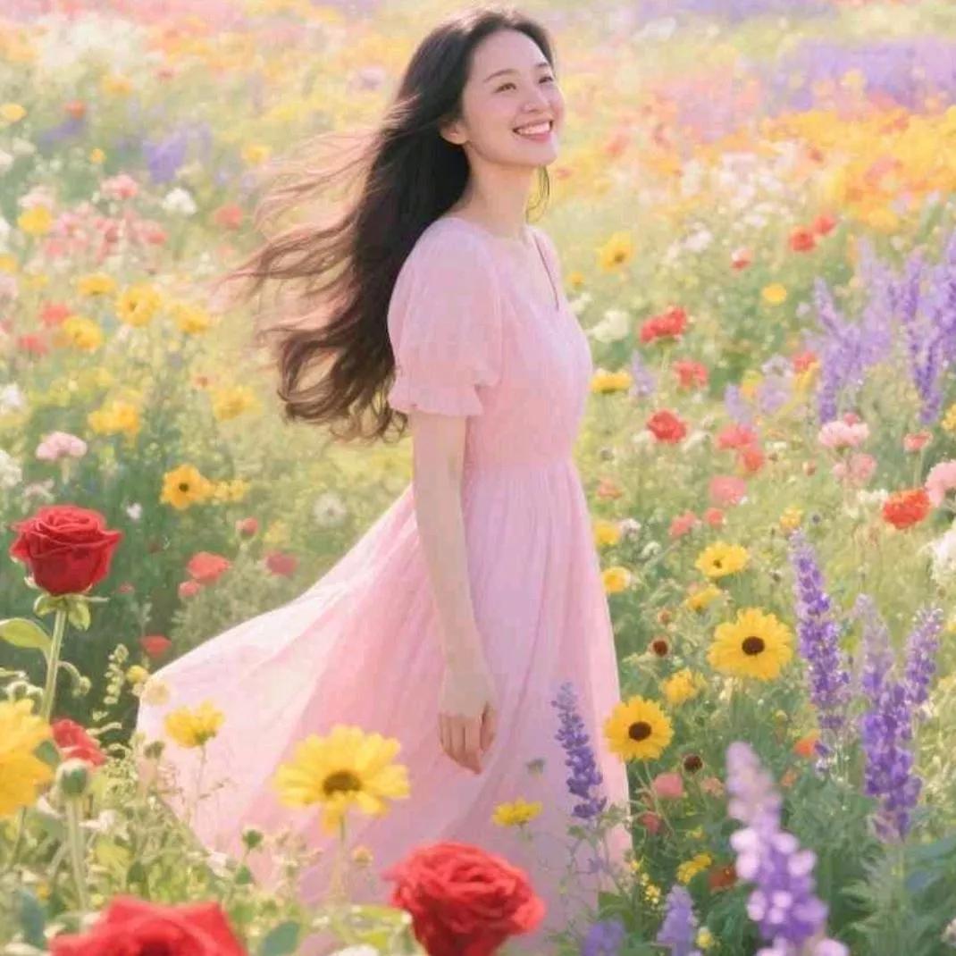 阳光下的花海，少女轻盈的裙摆，美好如画。花海少女感 紫色花海少女 花海少女照 花