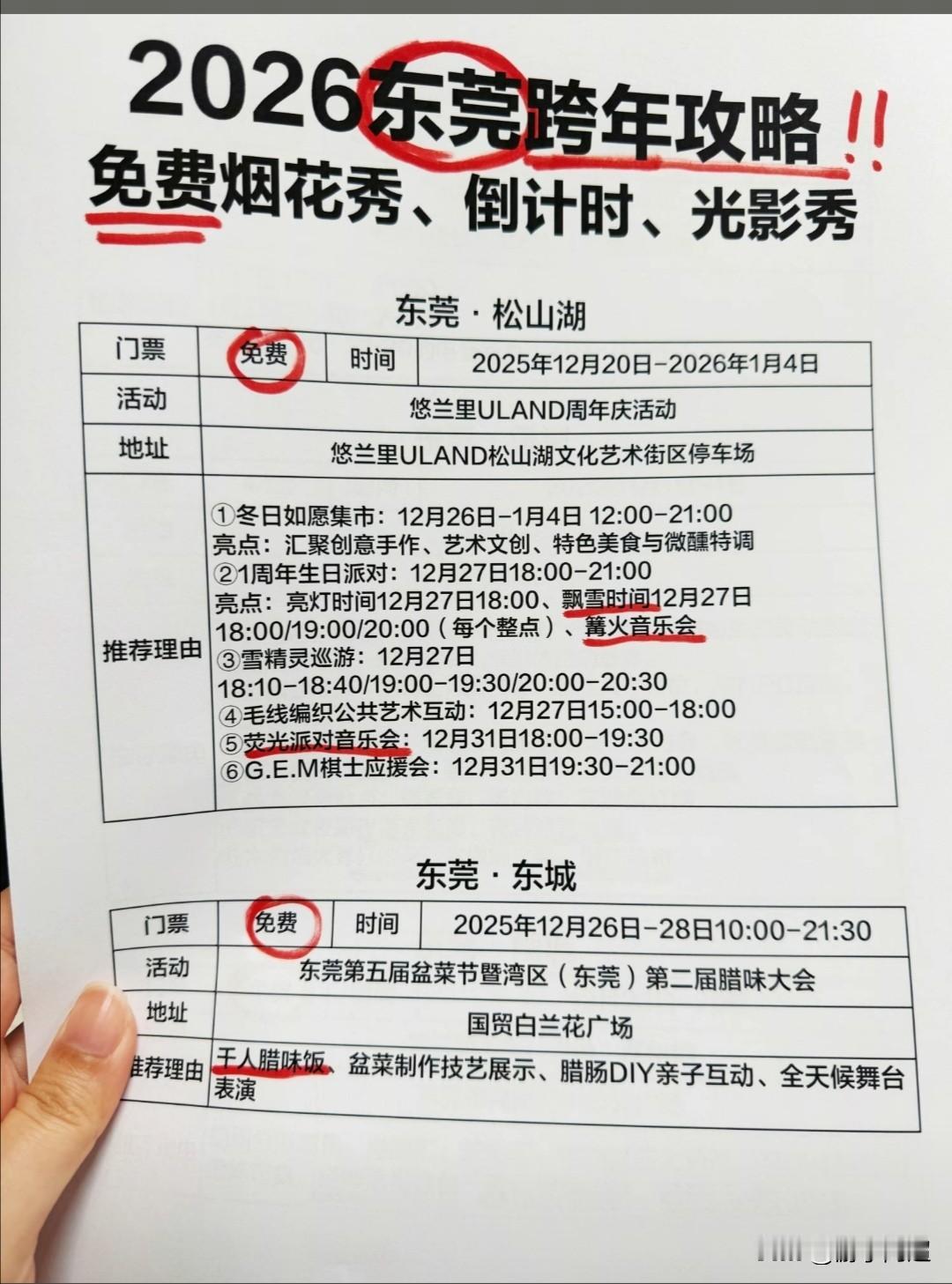 元旦佳节来临，东莞各镇将举办大型跨年演出活动。
为迎接2026年元旦，东莞市部分