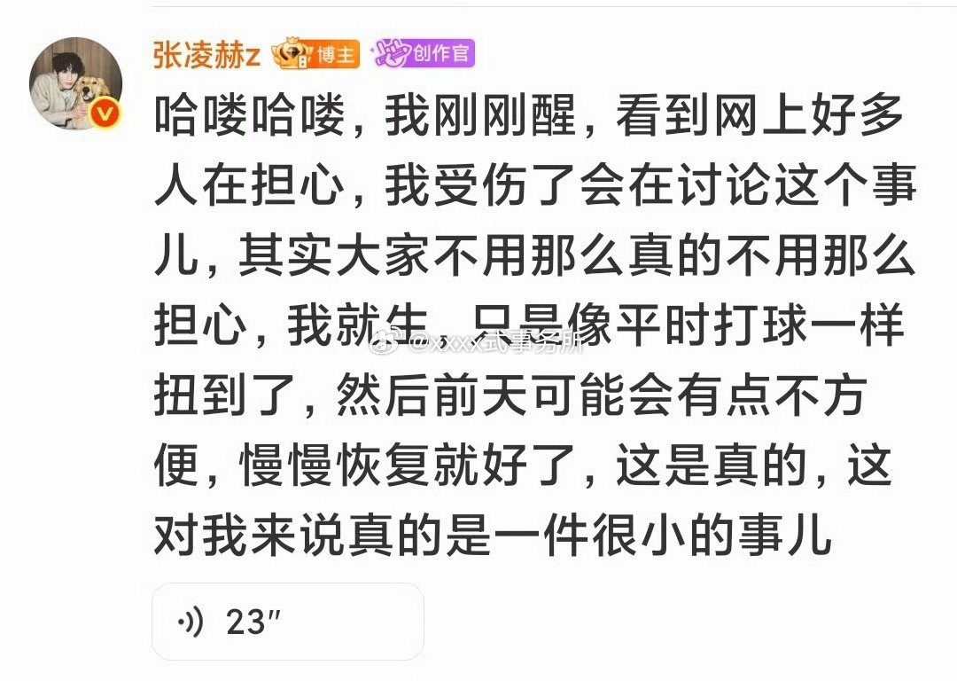 张凌赫连发几条语音说自己没有大碍工作人员更辛苦，受伤被挂几天热搜了啊张凌赫受伤情