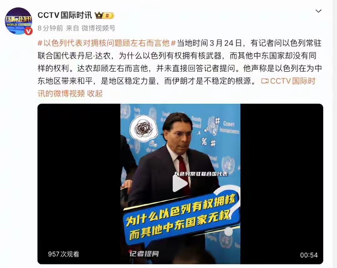 赤裸裸的核霸权！以色列双标言论刷新下限
 
以色列驻联合国代表公然叫嚣：只有以色