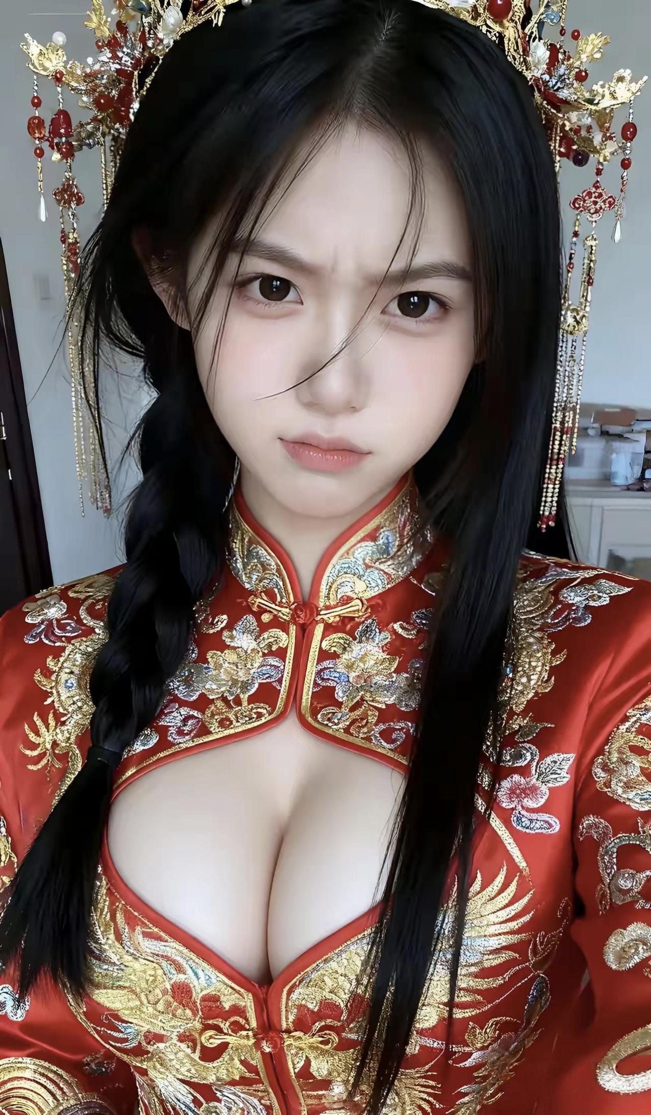 中式婚服vs西式婚纱，这“红”和“白”的反差也太戳了！
 
大红色缎面裹着金绣凤