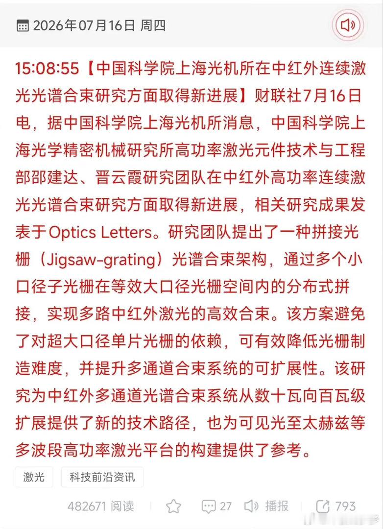 盘后利好！重磅技术突破！上海光机所攻克中红外激光合束难题，激光产业迎来升级新路径