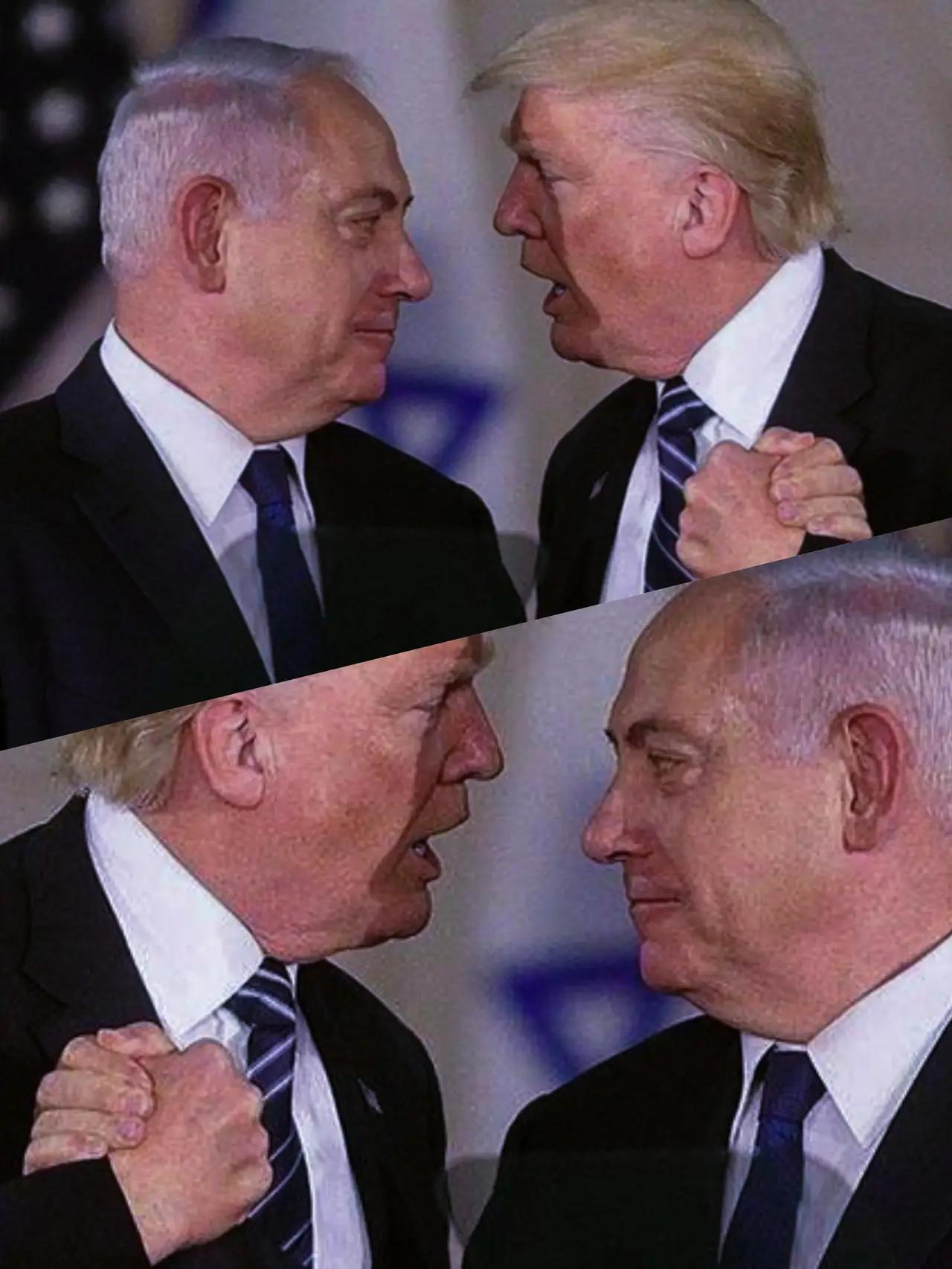 特朗普和内塔尼亚胡互相看向对方的表情和眼神是什么意思呢？
特朗普和内塔尼亚胡两人