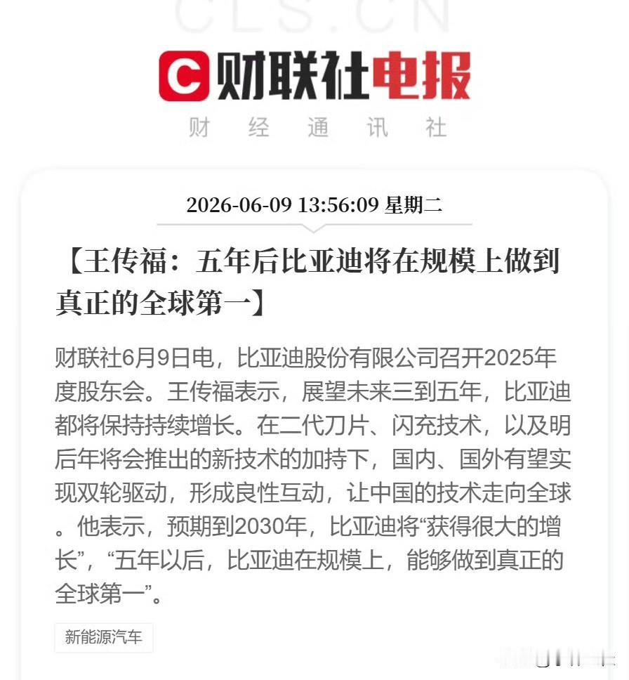 王传福：“预计到2030年，比亚迪将获得很大的增长，五年以后，比亚迪在全球销量突