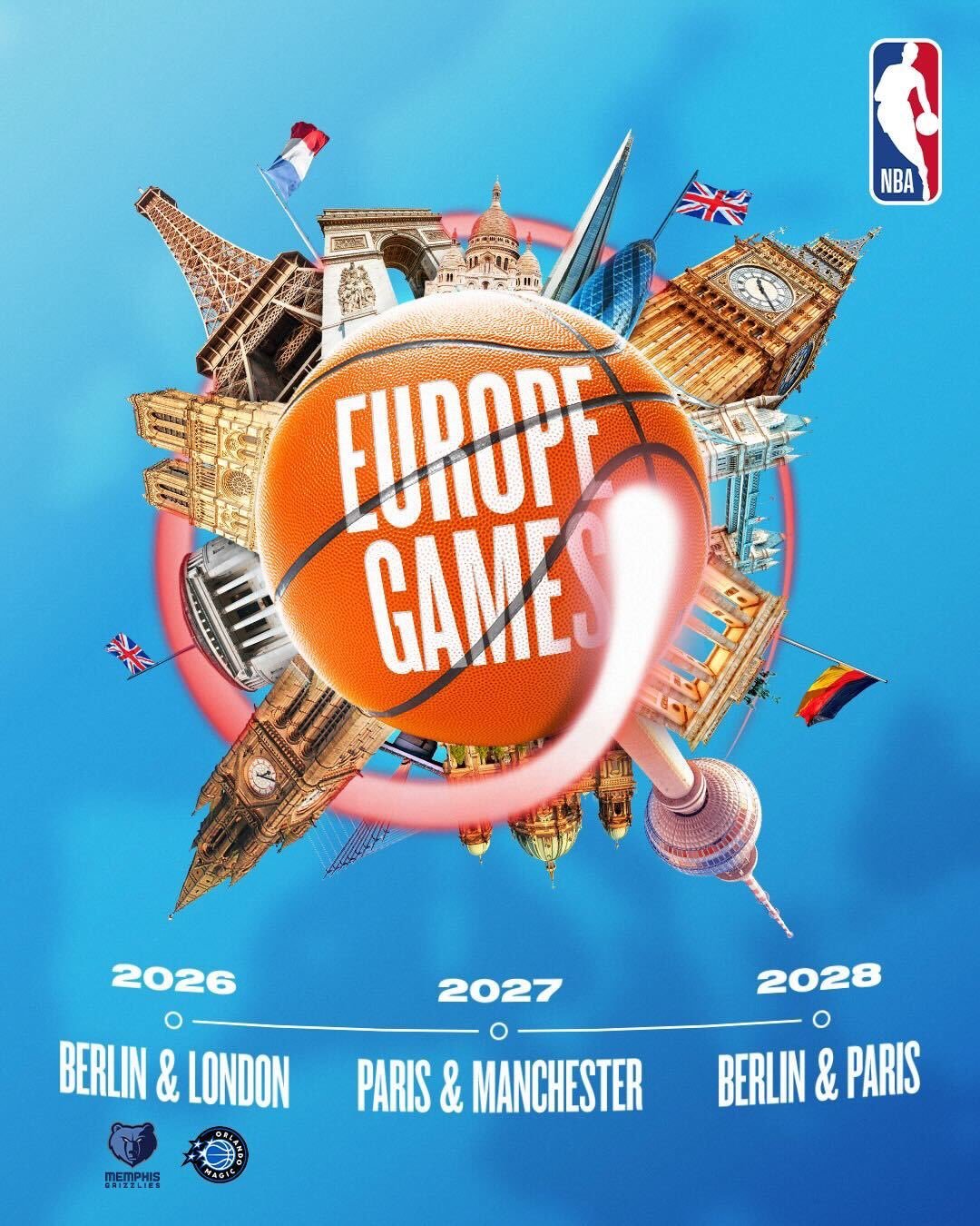 NBA宣布未来三年将在欧洲举行6场常规赛（每年2场），下赛季是灰熊和魔术的1月1