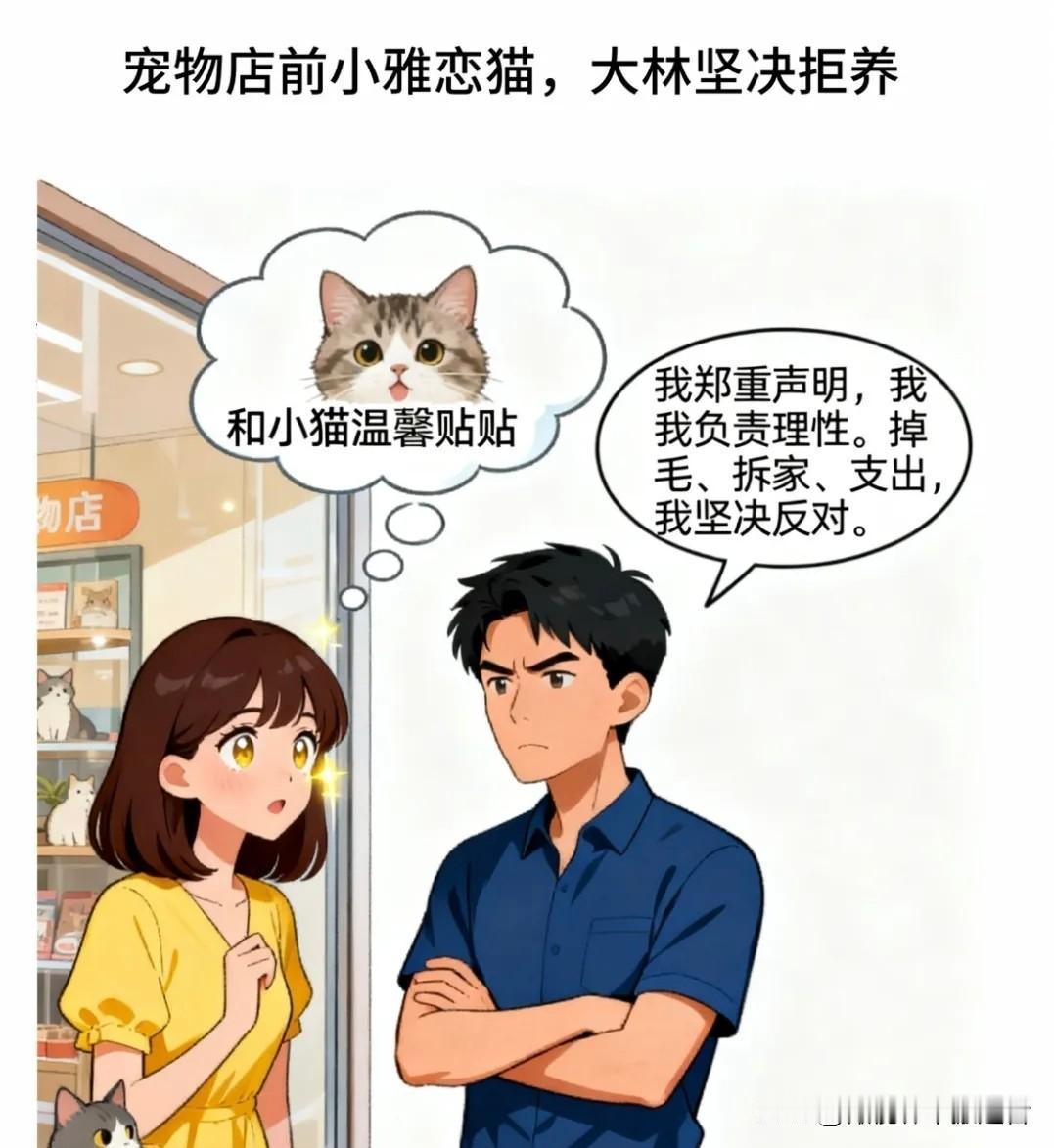 趣味漫画：大林当初说：我坚决反对养宠物，掉毛拆家还费钱。小雅问：你以前不是说不喜
