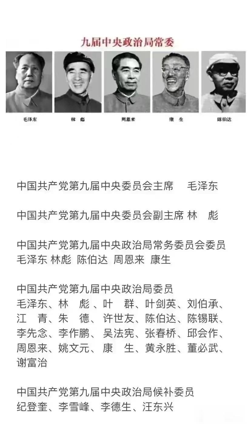 第九届中央政治局委员名单。
主席是毛泽东，副主席是林彪，常委是毛泽东，林彪，周恩