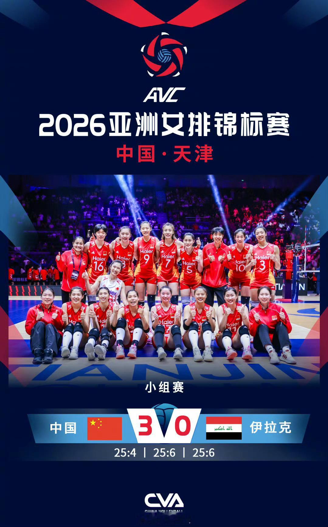 中国女排3比0伊拉克女排2026女排亚锦赛天津赛区小组赛首轮，中国女排3‑0横扫