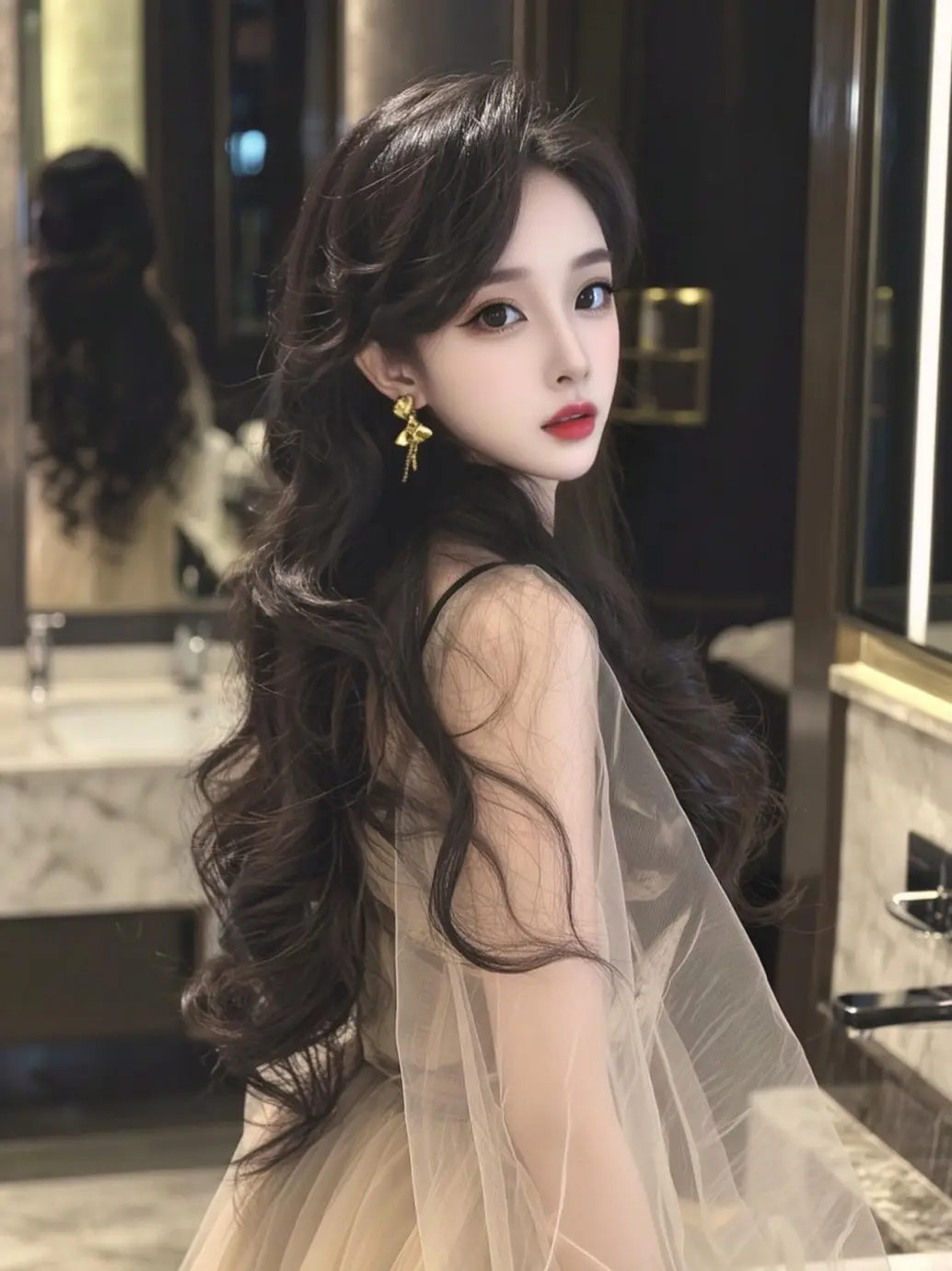 大波浪卷发 纯欲天花板 白色连衣裙仙气飘飘 黑色吊带搭配珍珠项链 长发礼服风