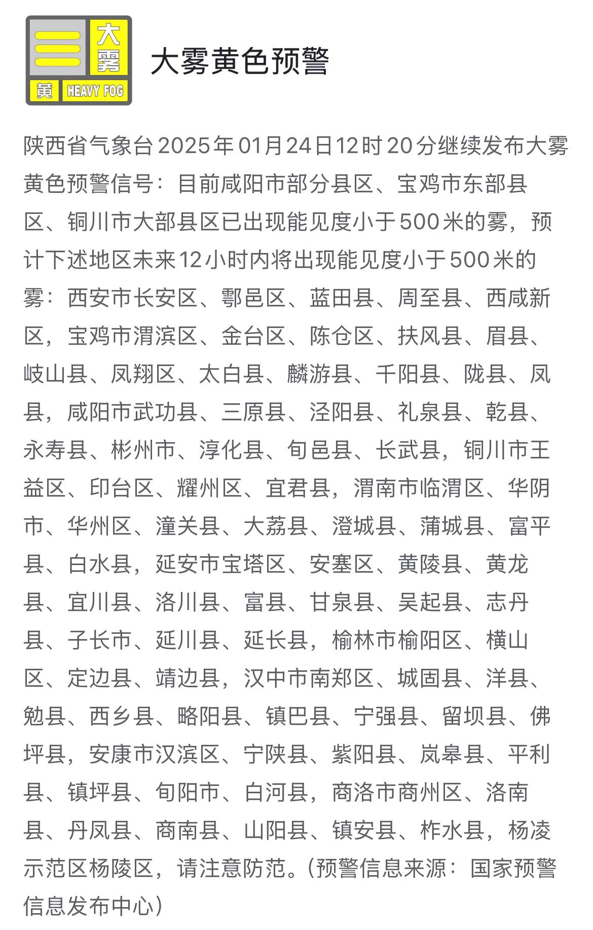 陕西省气象台2025年01月24日12时20分继续发布大雾黄色预警信号，