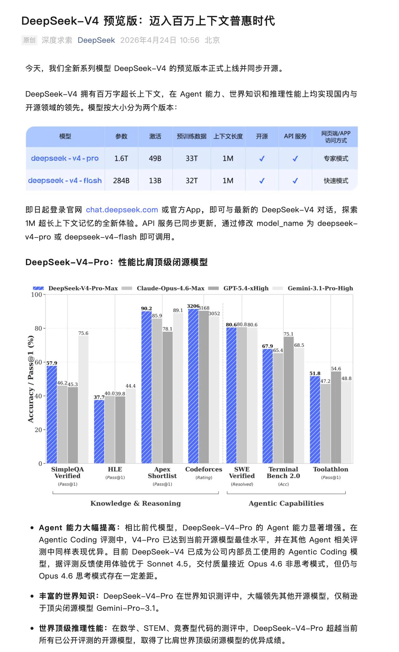 deepseek v4 发布，1M的上下文，Pro价格有点偏高，官网提示：
受限