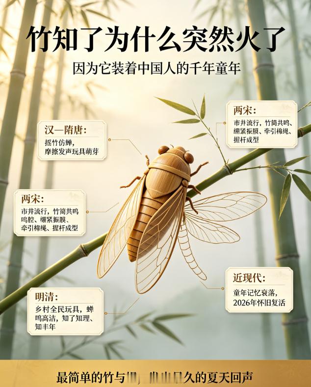 竹知了的那些事 雏形起源：汉—隋唐（摩擦发声玩具萌芽）， “摇竹仿蝉” 普及定型