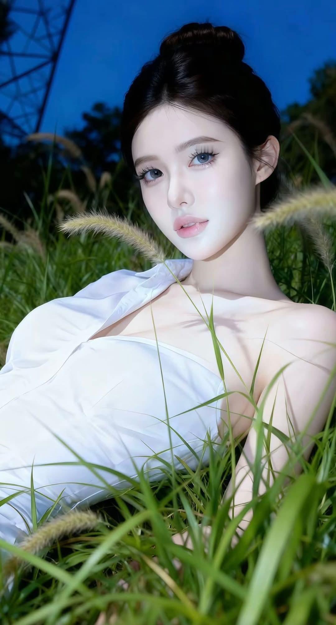 白裙浸着草叶的软，晚风把狗尾草的绒吹得轻晃。蓝天下的松弛裹着细碎的光，连空气都浸