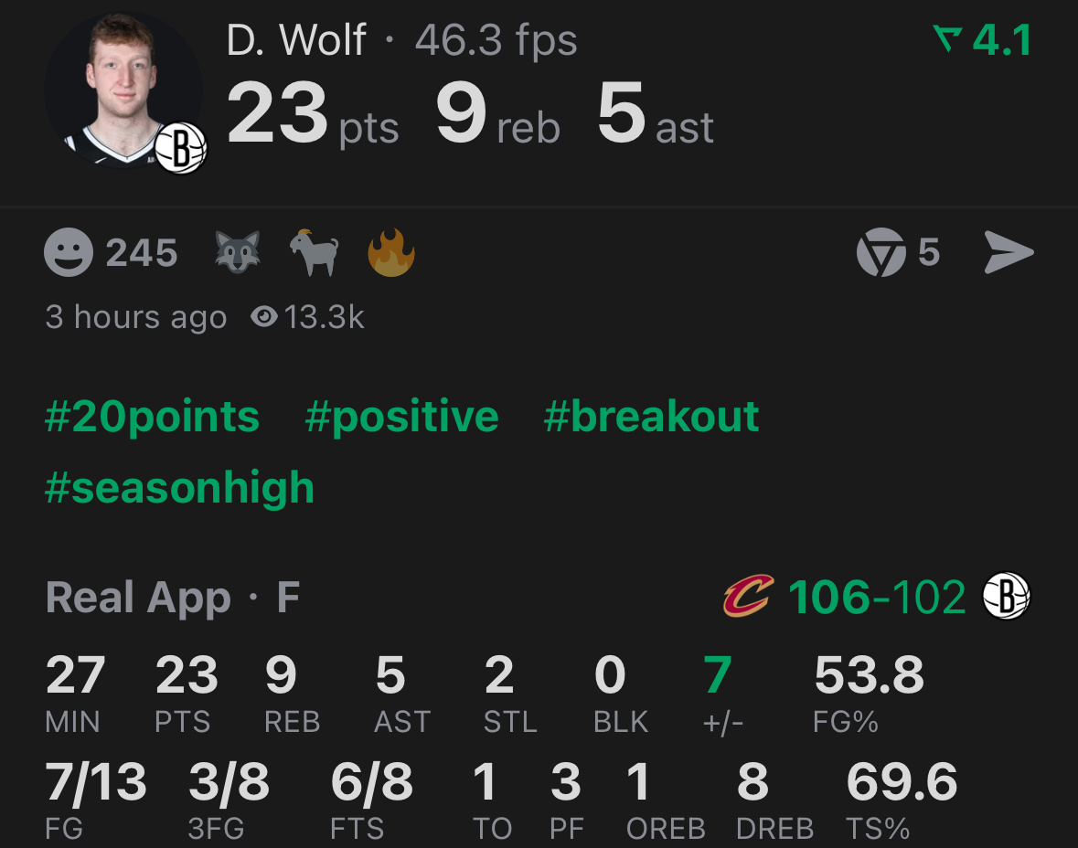 沃尔夫今天23+9+5，得分创生涯新高。哈登复出得到22+9+8准三双，帮助骑士