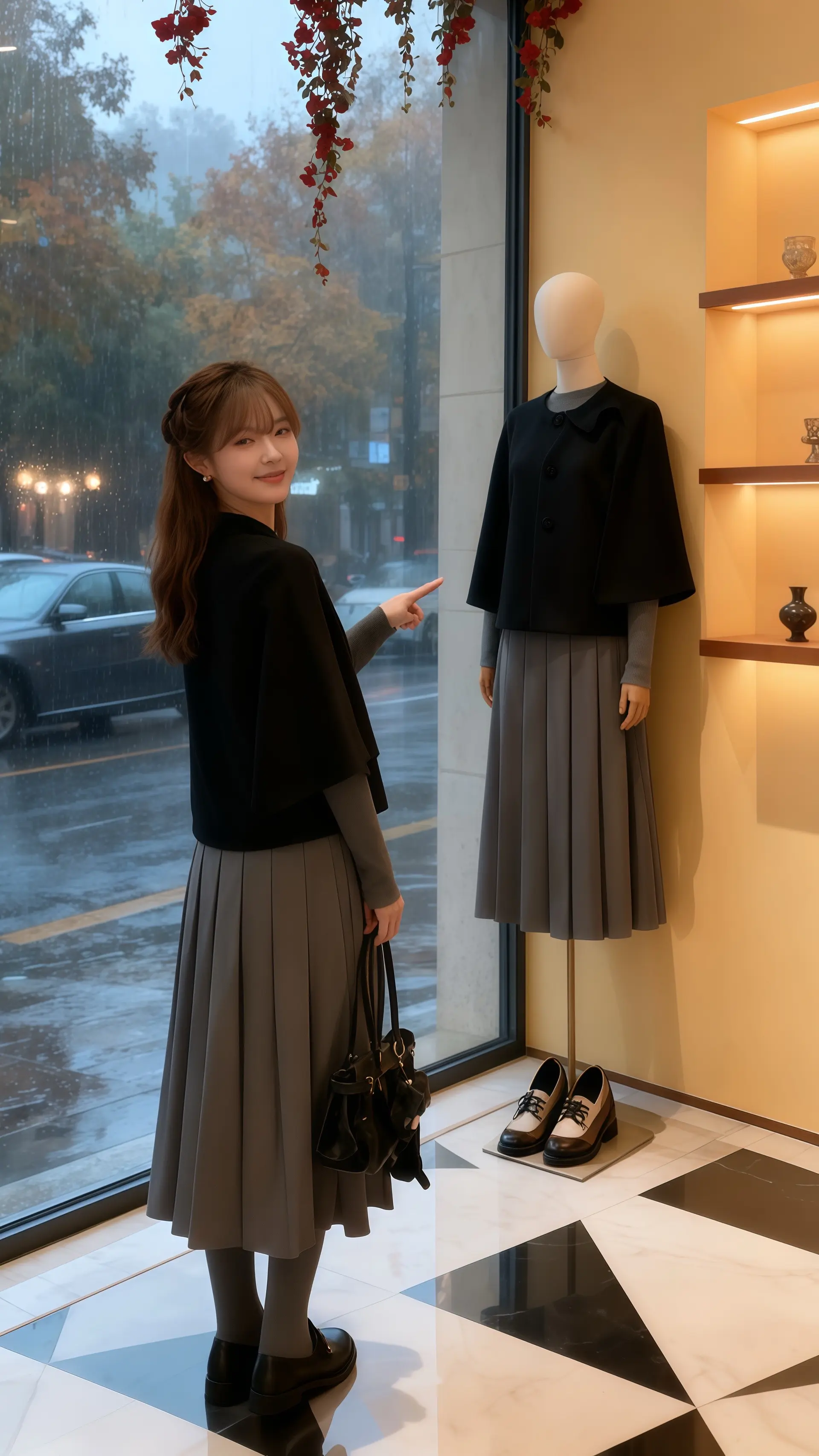 她穿着法式气质两件套，圆领蝴蝶结斗篷外套精致优雅，高腰半身裙勾勒出曼妙...