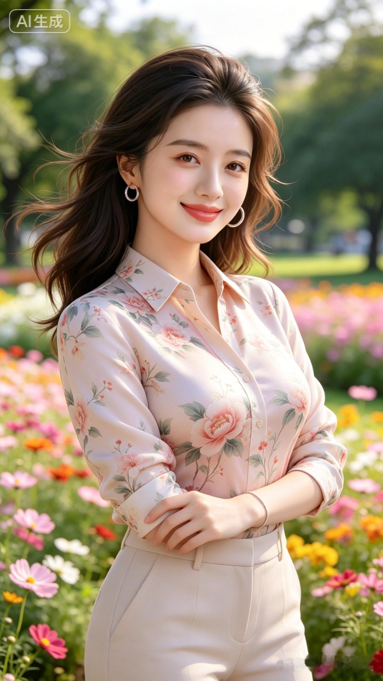 春日花海中的甜美少女，粉色衬衫与白色裤子完美搭配，绽放自然魅力！🌸💕