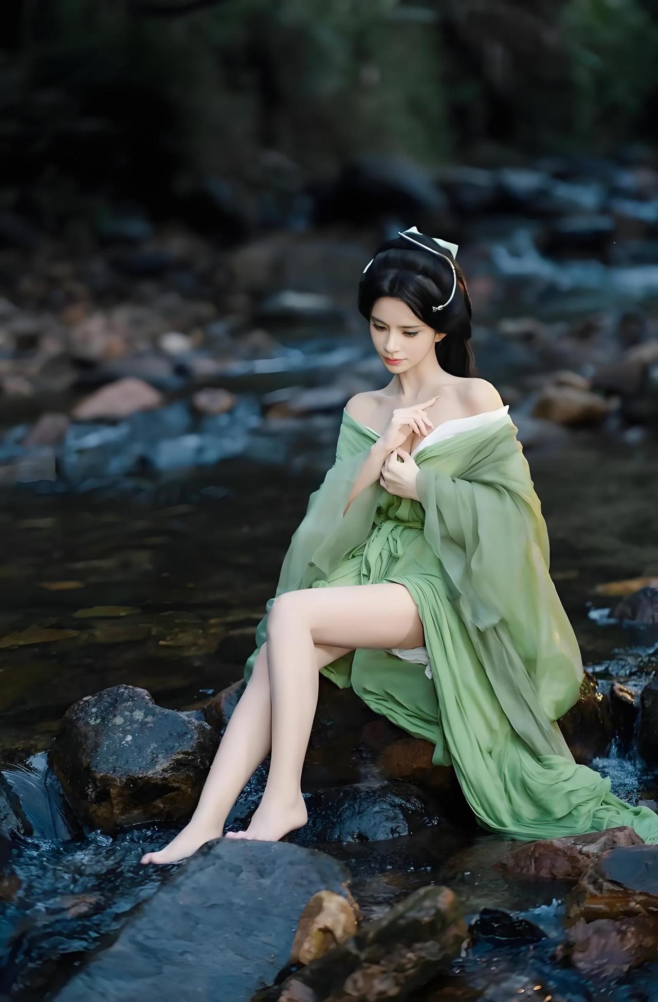 绿衣美人倚石坐，清溪流水映芳容。