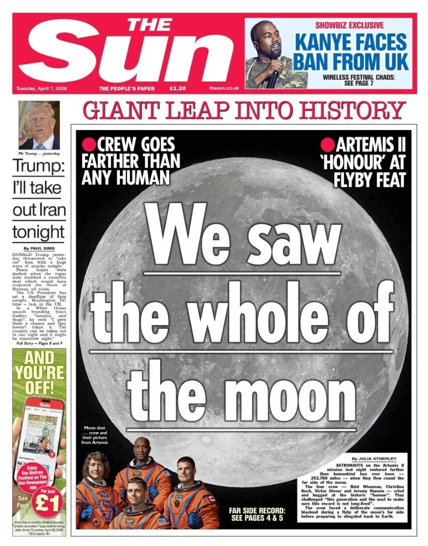 《太阳报》头版报道称，“阿尔忒弥斯二号”的这次任务已经让宇航员距离地球比任何人类