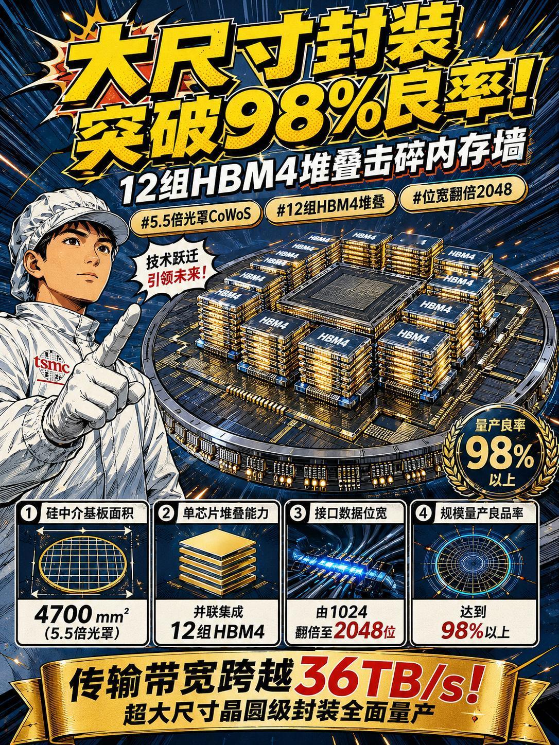 台积电超大尺寸封装良率冲破90%，12组堆叠能否击碎内存墙？
今年八月中旬台积电