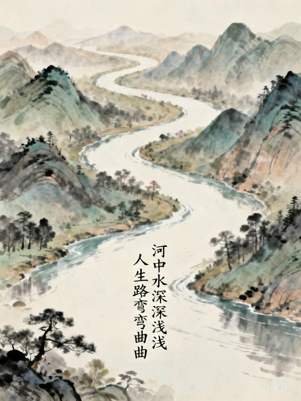 河中水深深浅浅
人生路曲曲弯弯
解析
从水景延伸至人生感悟，河水有深浅之分，道路