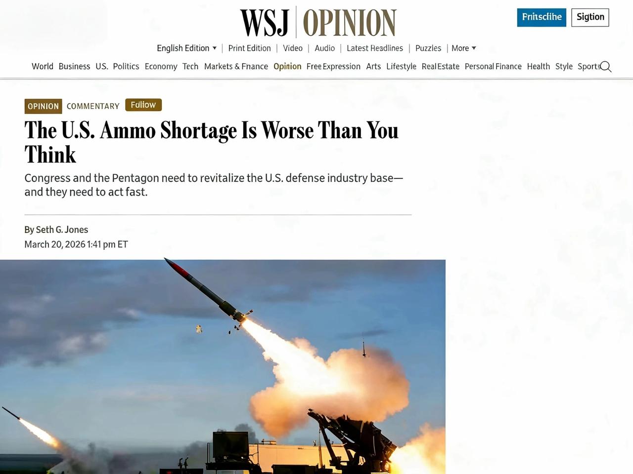《华尔街日报》｜美国的弹药短缺比你想象的更严重