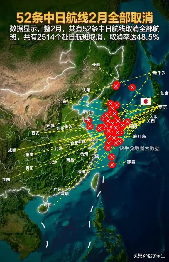 2月份中日航线取消率高达48.5%，2514个赴日航班被迫取消。这一数据背后，反
