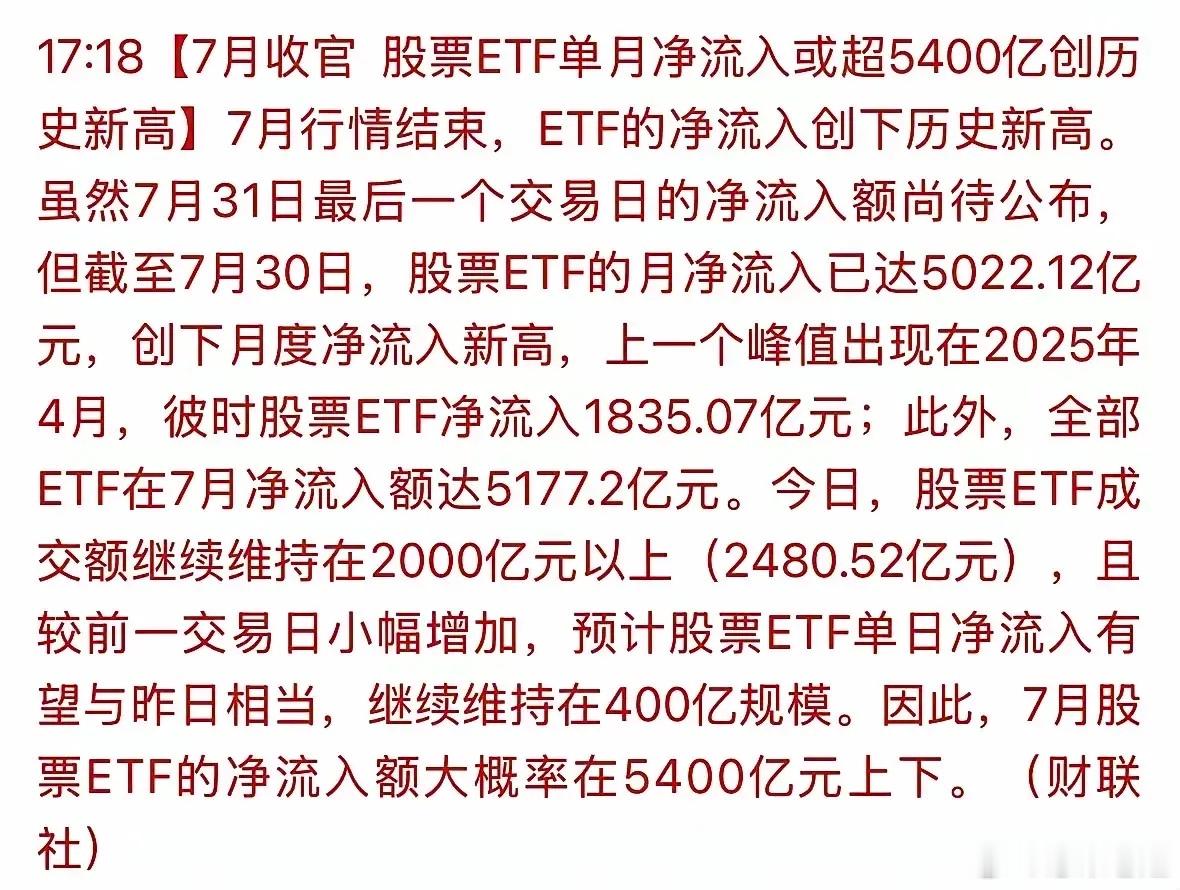 7月A股股票ETF净流入超5400亿，直接翻倍刷新历史最高纪录，大批资金逆势抄底