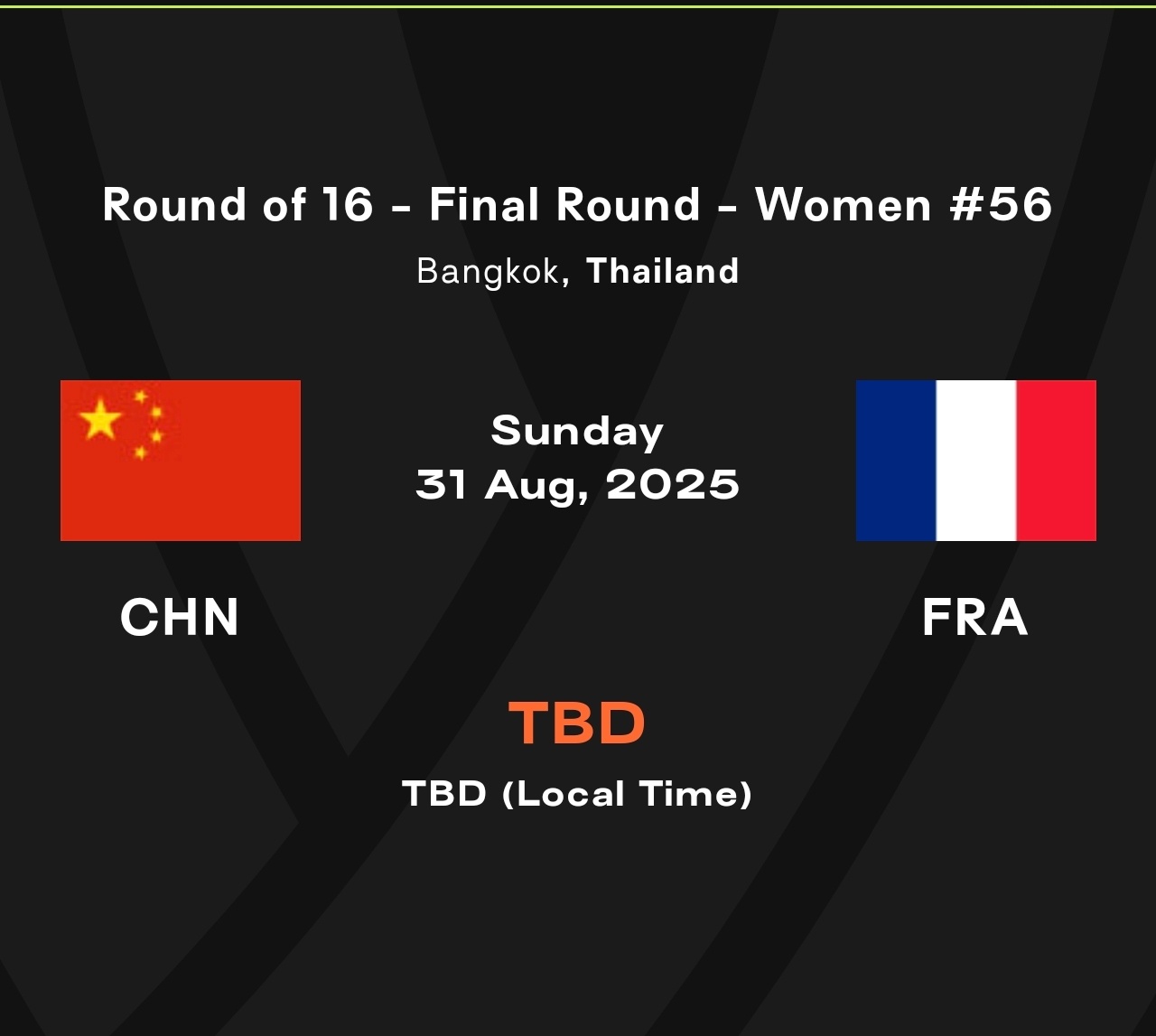 16进8，中国🇨🇳🆚法国🇫🇷，本周日进行，具体时间待定[不愧是你] ​