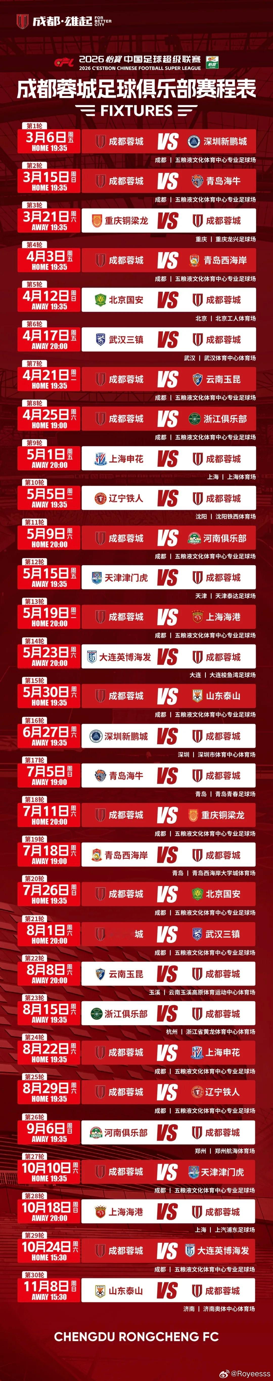 2026赛季怡宝中国足球超级联赛完全赛程 