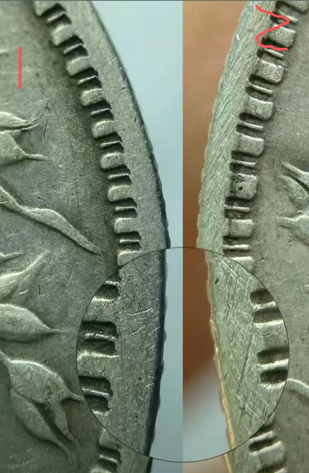 这两枚银币哪一枚才是真币，重点关注银色，真币的币面温润，假币毛糙。把你们的答案打