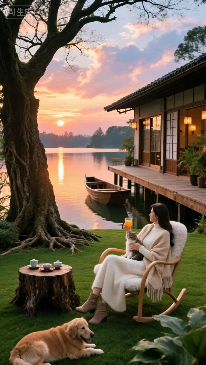 七绝●良辰美景/新韵  

初升旭日彩霞来，
略泛湖光潋滟开。
巧狗乖猫常作伴，