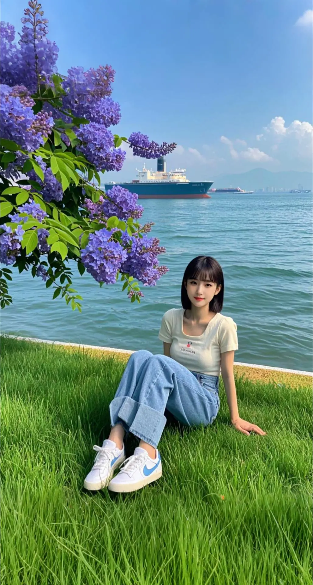 AI扩图 AI蓝楹花下写真
