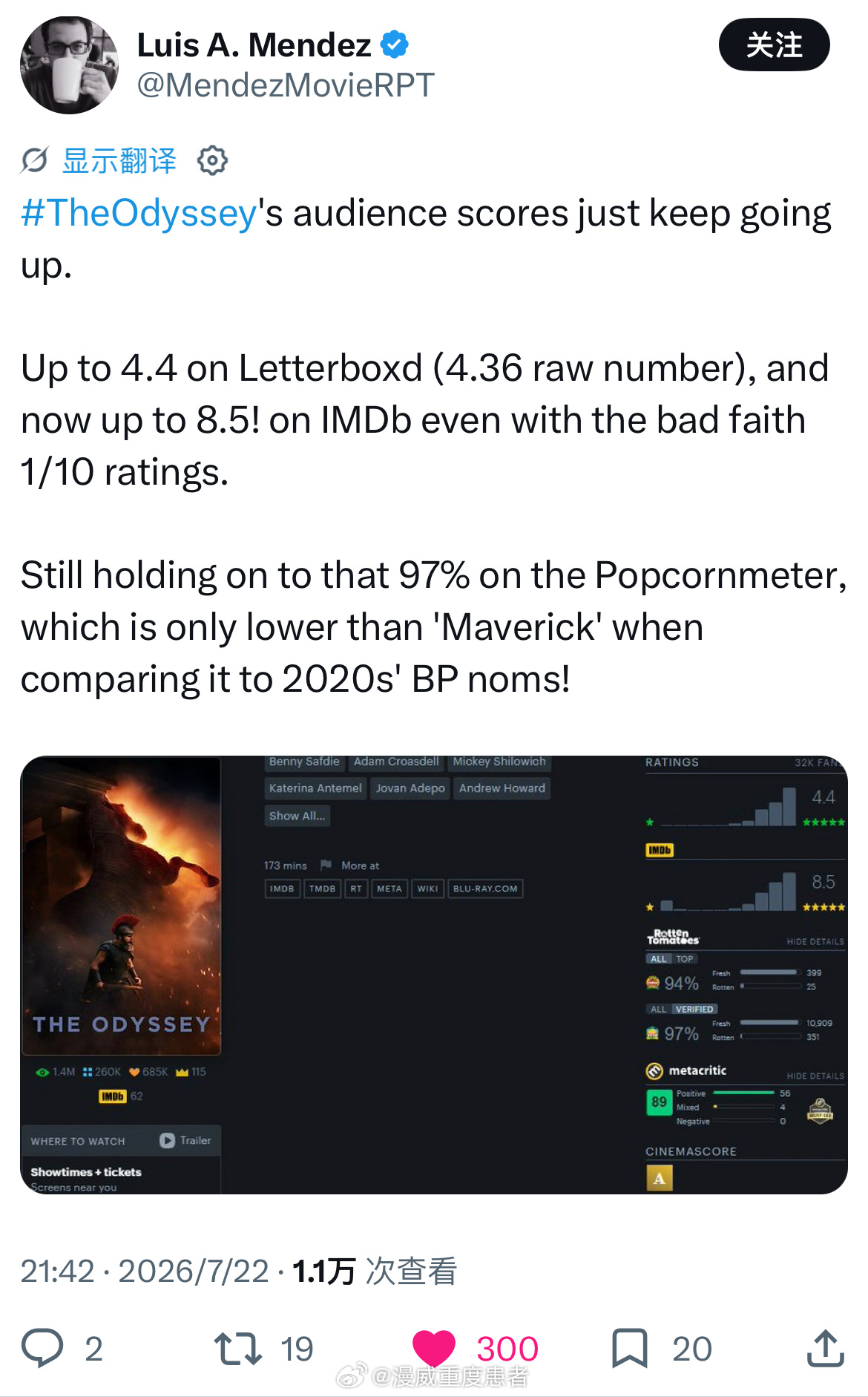 你们知道 电影奥德赛 的评分是怎么凸显 Top gun: Maverick 的含