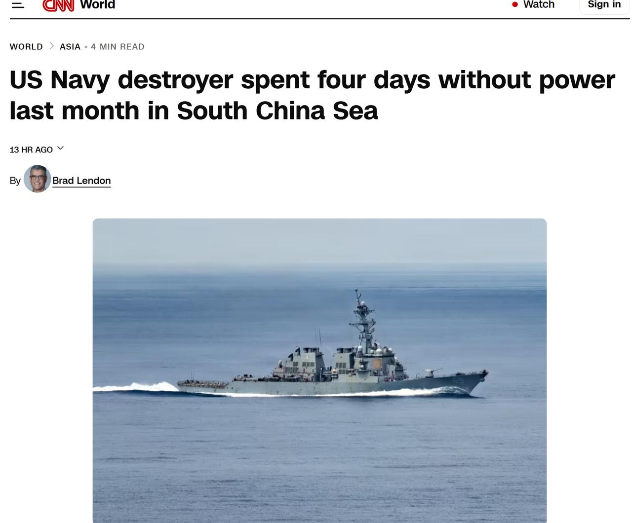 美国军舰在南海突然失去动力，停电4天，厨房厕所空调全都无法使用
美军第七舰队在接