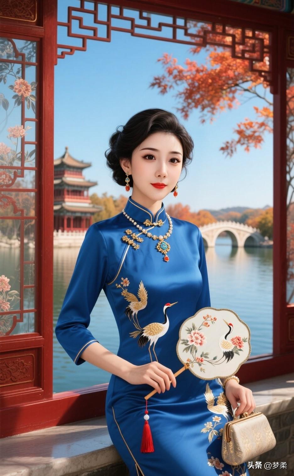 秋日宫廷风，蓝衣美人倚窗赏景