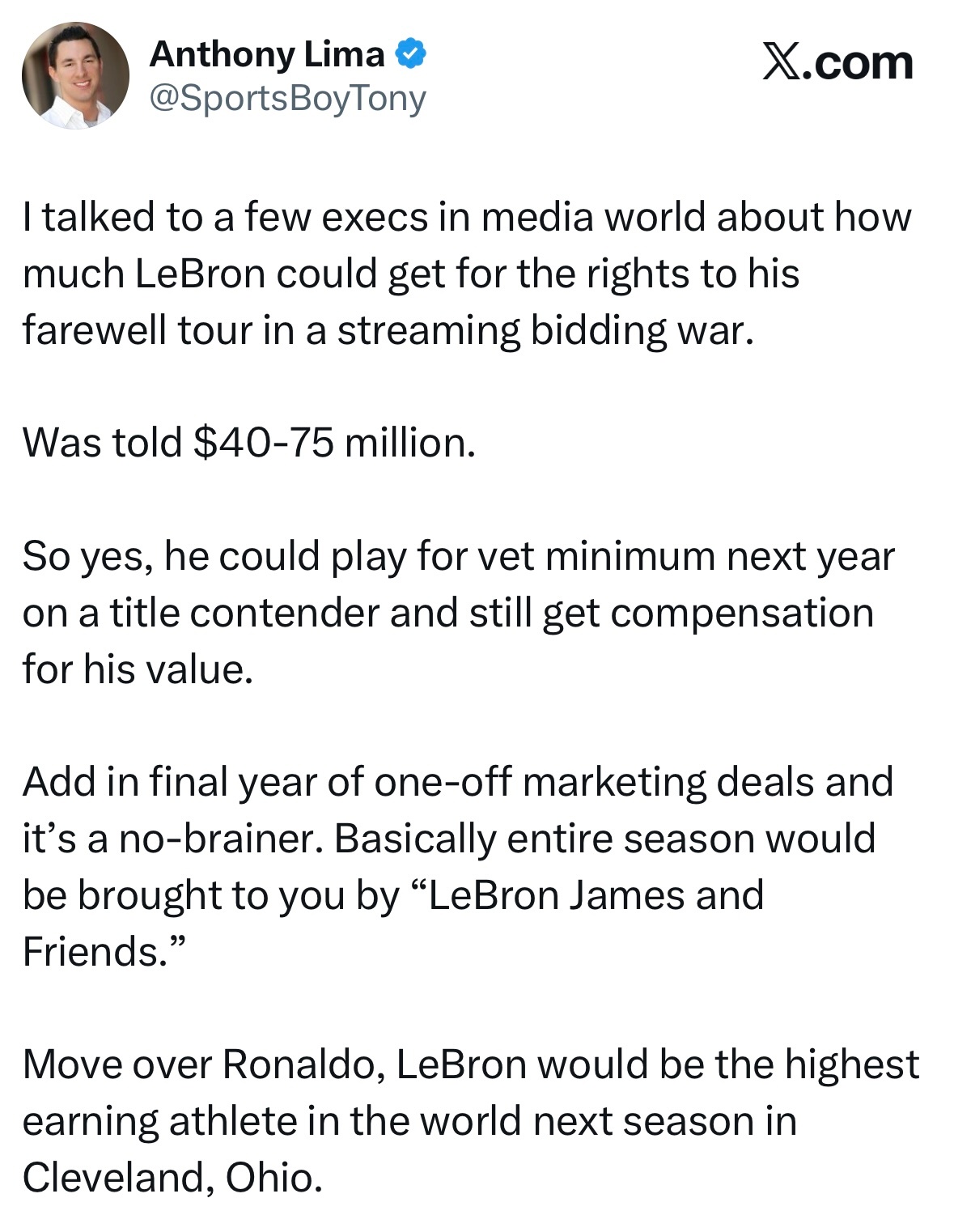 克利夫兰当地媒体人Anthony Lima：我和几位媒体行业高管聊过，如果勒布朗