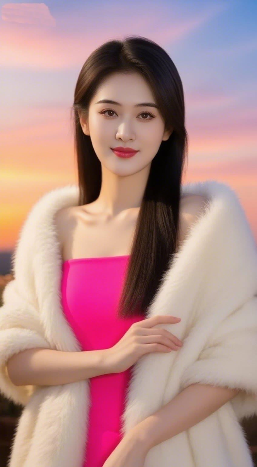 温柔晚霞下的优雅女神，粉色礼服与白色毛绒外套的完美搭配，尽显高贵与浪漫。