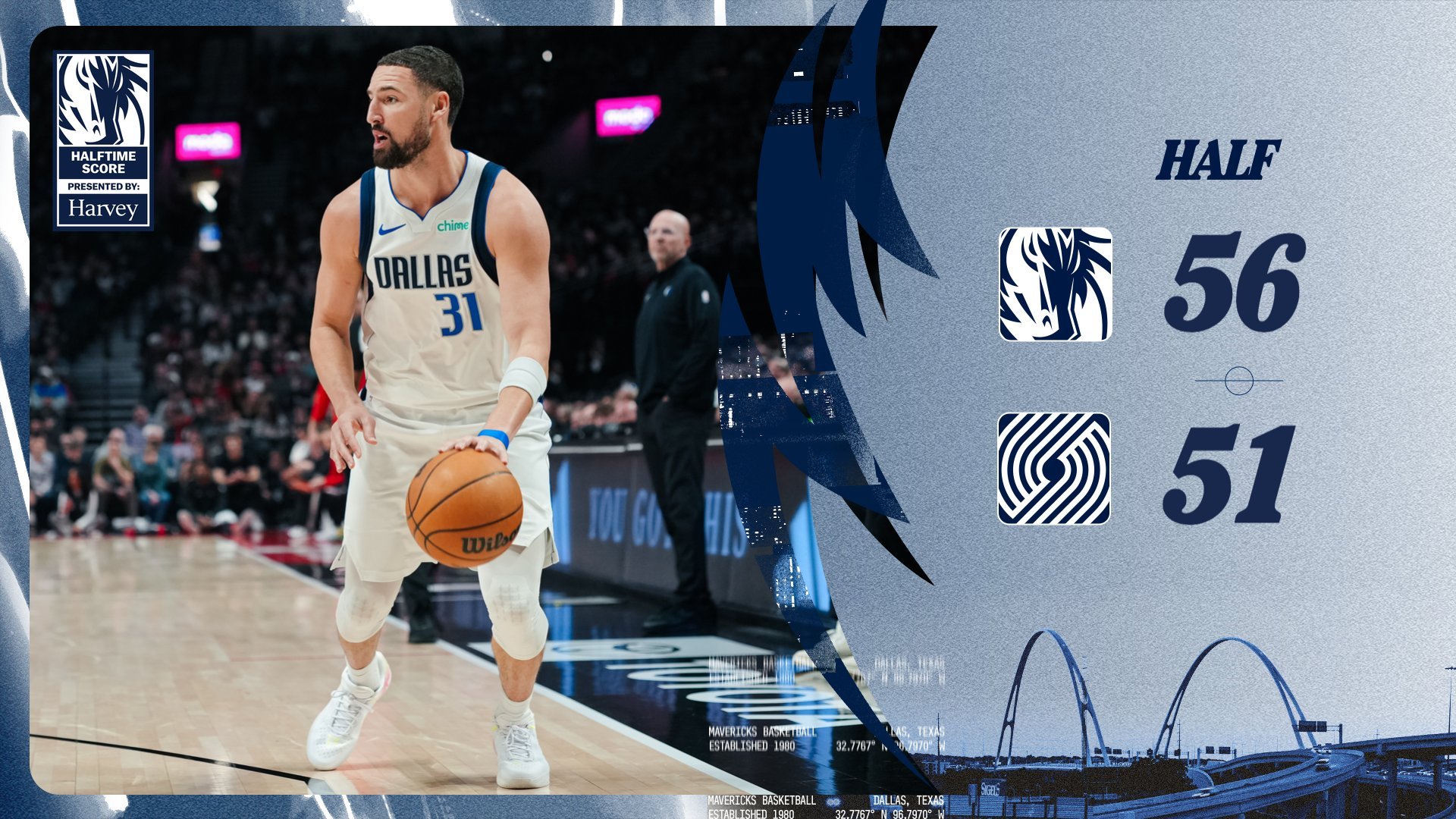 半场结束，独行侠 56-51 领先 5 分。小旗上半场效率很棒，轻松拿下 20 