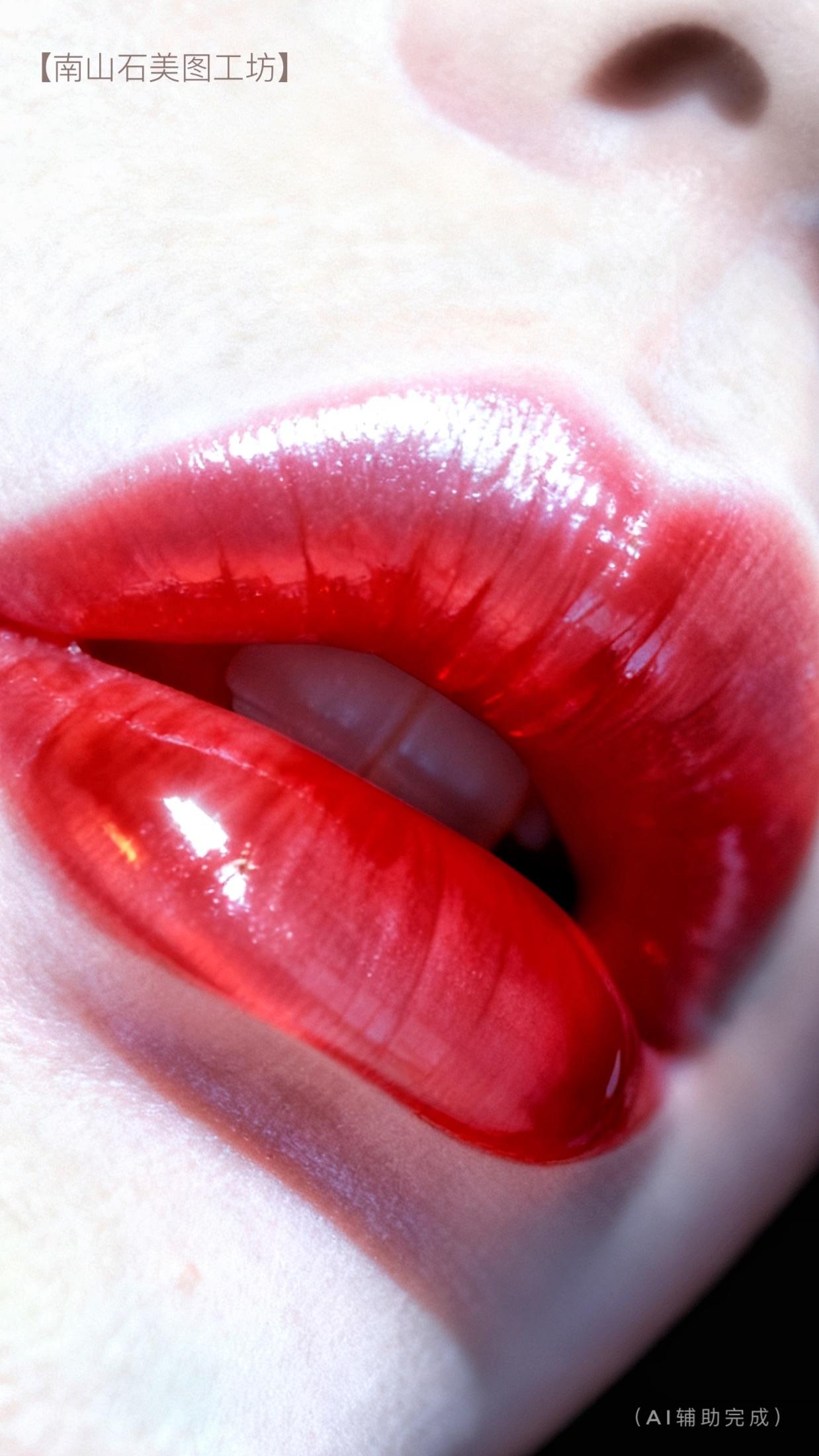 镜头下，唇如琉璃盏盛着鎏金碎光，饱满水润似浆果凝露，每寸光泽都淌着慵懒贵气。光影