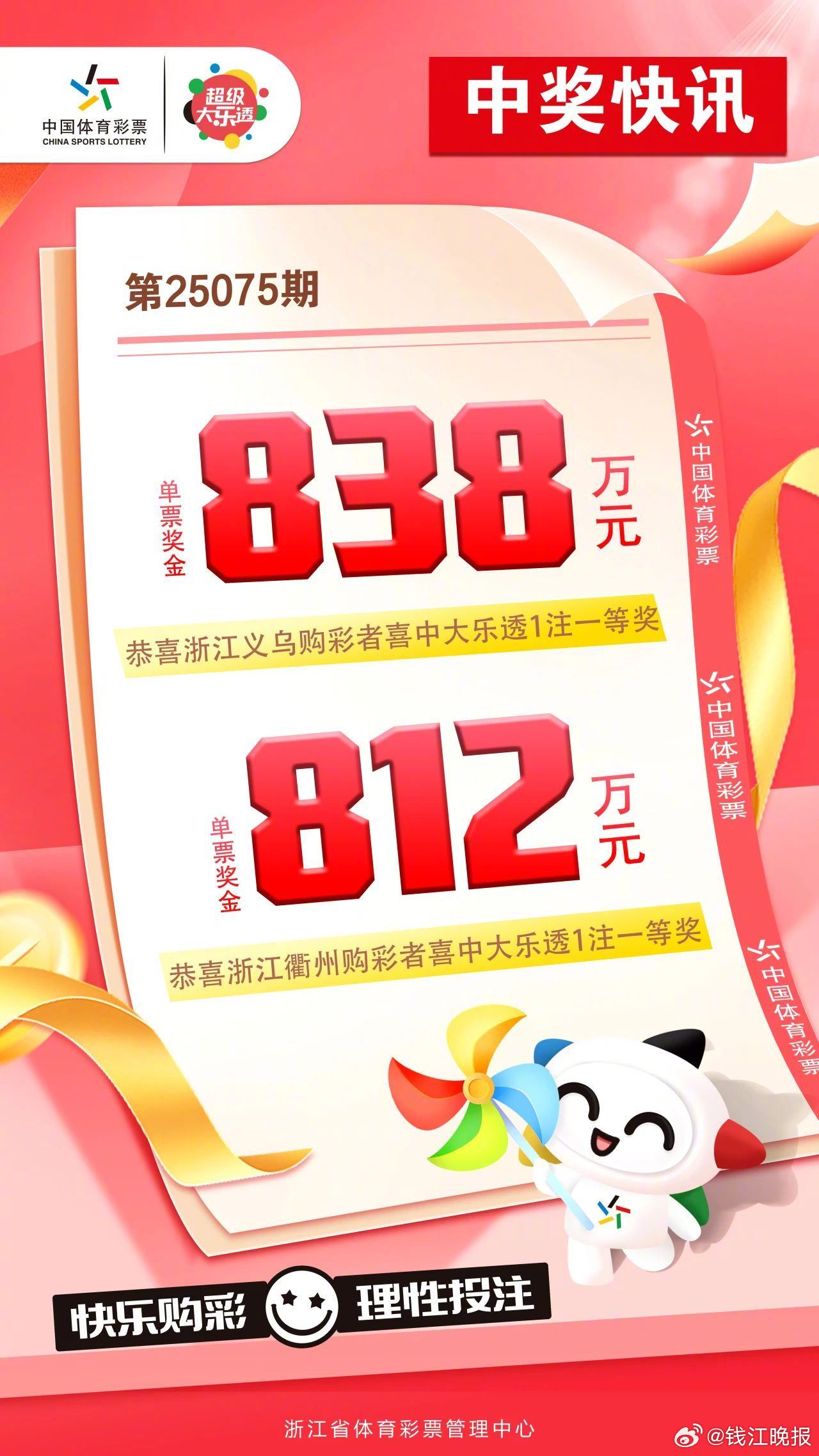 #浙江又有两人拿下彩票一等奖# 7月5日，周六，体彩大乐透第25075期开奖，我