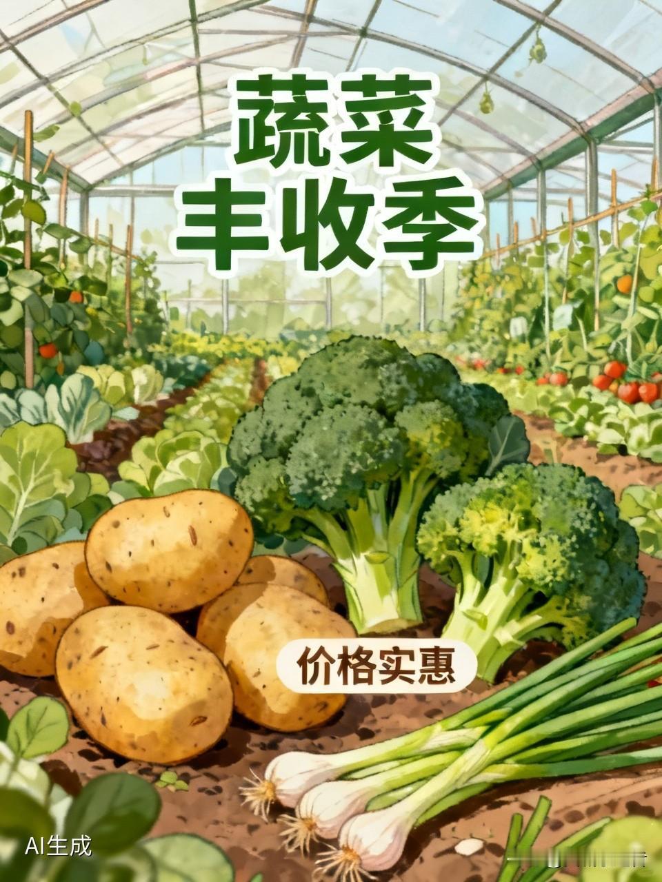 今年蔬菜迎来丰收，然而价格却比往年低了不少。大棚土豆仅一块多钱一斤，普通新蒜苔六